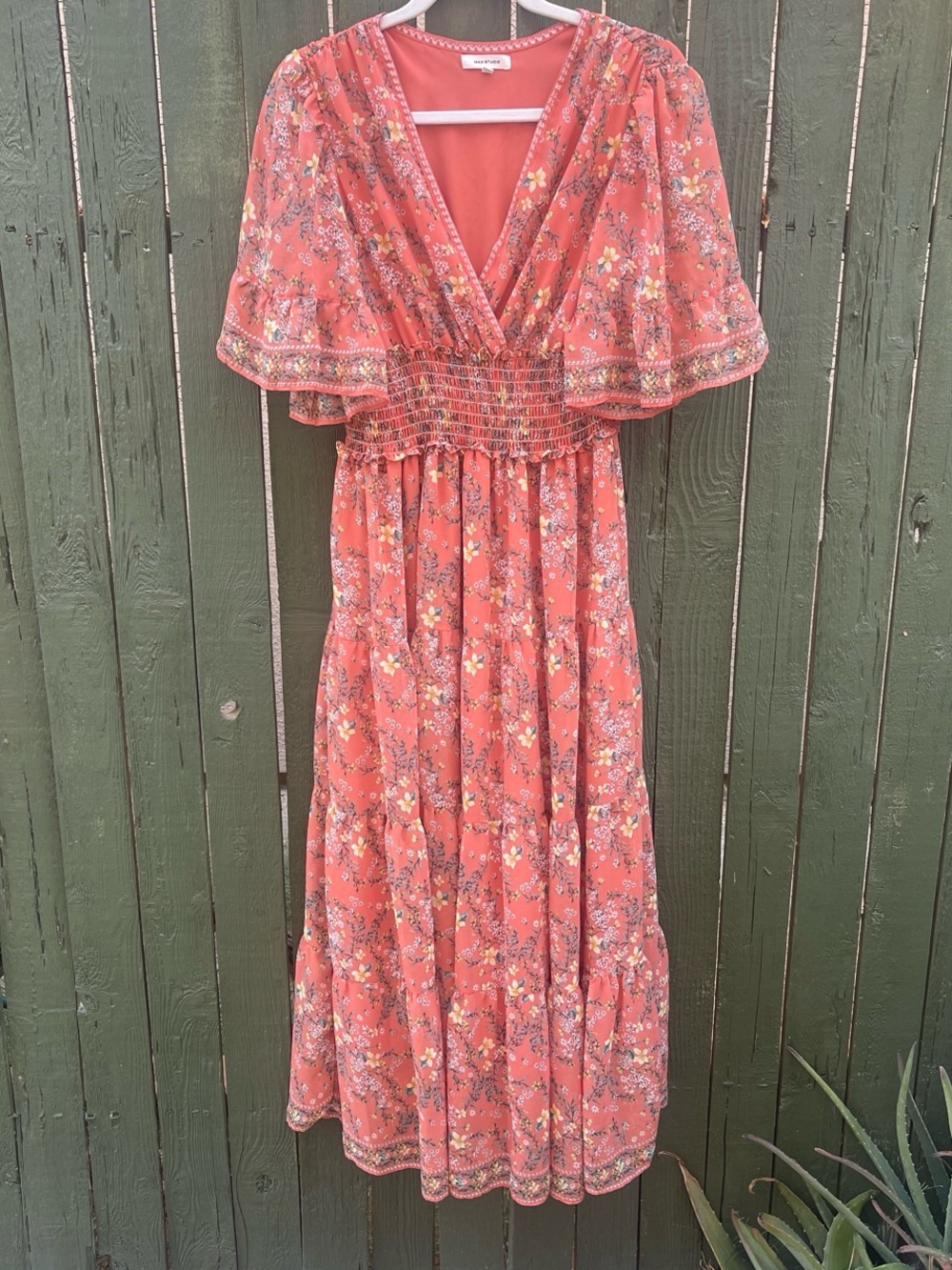 Max Studio Coral Floral Maxi Dress with Smocked Waist